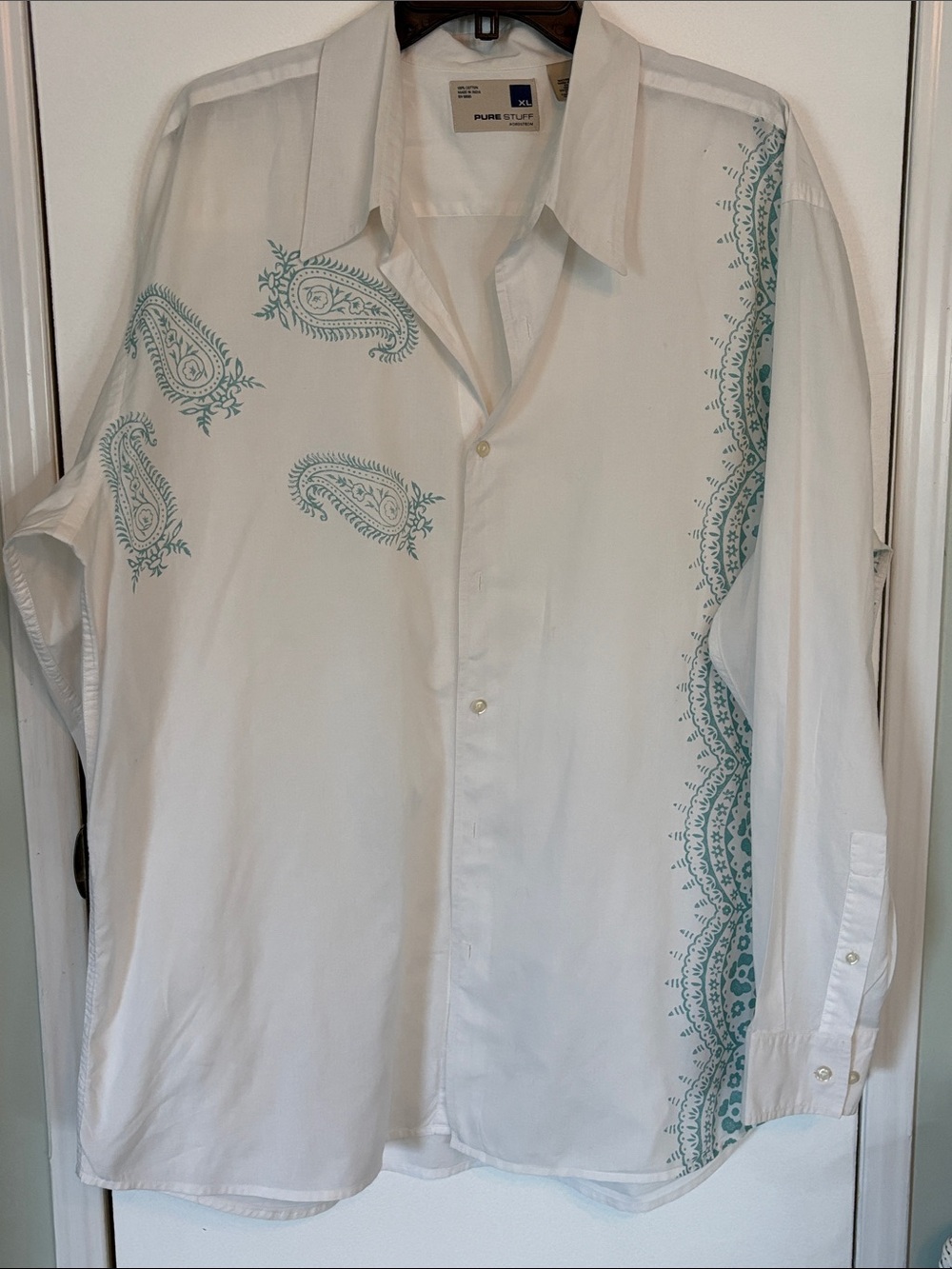 White Button-Down Shirt with Teal Paisley Accents